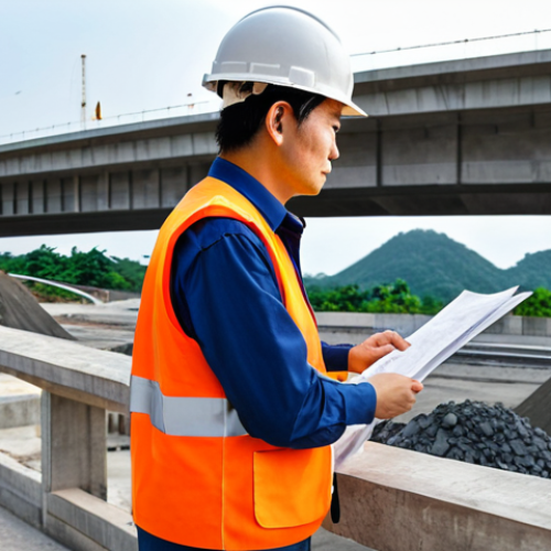 **

A professional Japanese construction materials testing engineer, fully clothed in appropriate work attire (hard hat, safety vest, work pants), inspecting concrete samples at a construction site in Southeast Asia. Background shows ongoing construction of a bridge or building. Safe for work, appropriate content, fully clothed, professional, perfect anatomy, natural pose, high quality, family-friendly. Focus on the engineer's focused expression and the modern construction environment.

**
