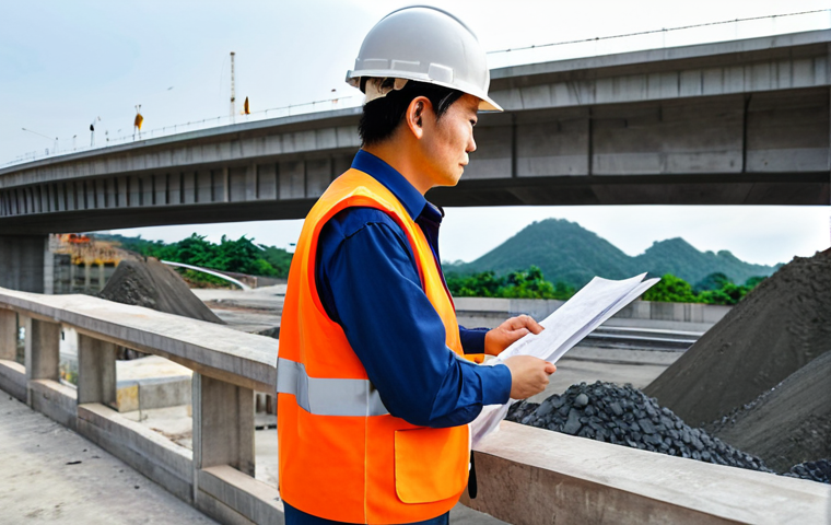 **

A professional Japanese construction materials testing engineer, fully clothed in appropriate work attire (hard hat, safety vest, work pants), inspecting concrete samples at a construction site in Southeast Asia. Background shows ongoing construction of a bridge or building. Safe for work, appropriate content, fully clothed, professional, perfect anatomy, natural pose, high quality, family-friendly. Focus on the engineer's focused expression and the modern construction environment.

**