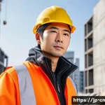건설재료시험기사와 관련된 취업 포털 정보 - A professional Japanese construction materials testing technician wearing clean, practical workwear ...