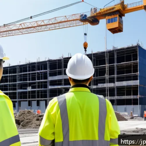 건설재료시험 기술자의 이직 준비 팁 - A modern Japanese construction site bustling with activity, featuring engineers and technicians in c...