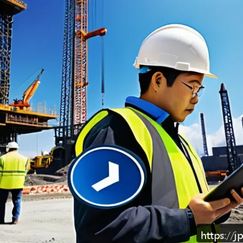 건설재료시험 관련 최신 기술 동향 - A high-tech construction site scene featuring smart sensors attached to concrete and steel materials...