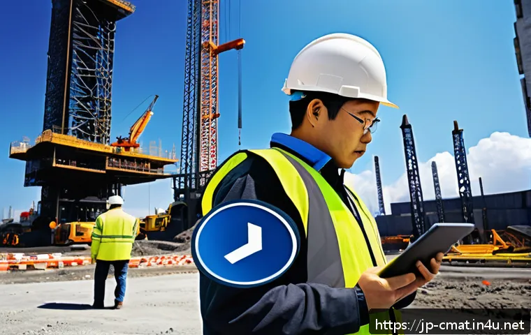 건설재료시험 관련 최신 기술 동향 - A high-tech construction site scene featuring smart sensors attached to concrete and steel materials...