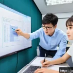 건설재료시험기사 강의 선택 팁 - A modern classroom scene in Japan focused on construction material testing certification study, feat...