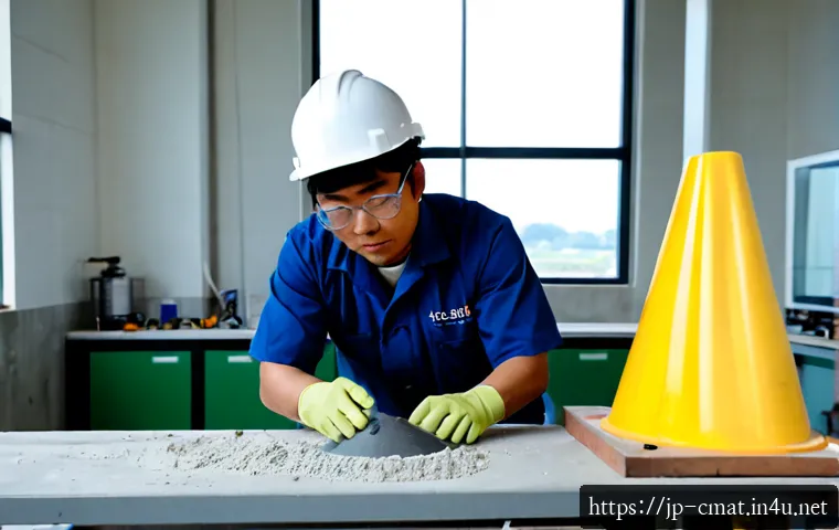 건설재료시험기사 실기시험 모범 답안 - Photorealistic Japanese construction materials testing laboratory, adult engineer in clean safety he...